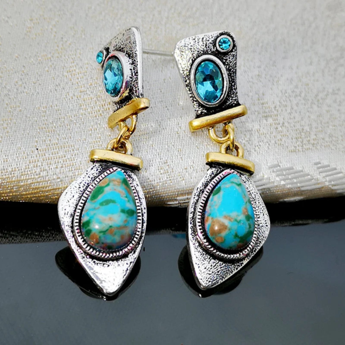 Vintage Blue Stone Drop Earring Elegant Turquoise Gemstone Studs Zinc Alloy 737