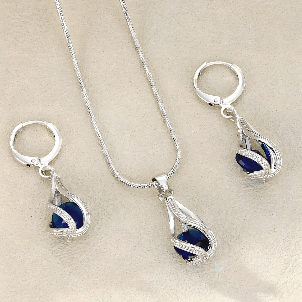 Blue Crystal Teardrop Jewellery Set Women, Silver Tone Water Drop Pendant 1718