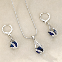 Blue Crystal Teardrop Jewellery Set Women, Silver Tone Water Drop Pendant 1718