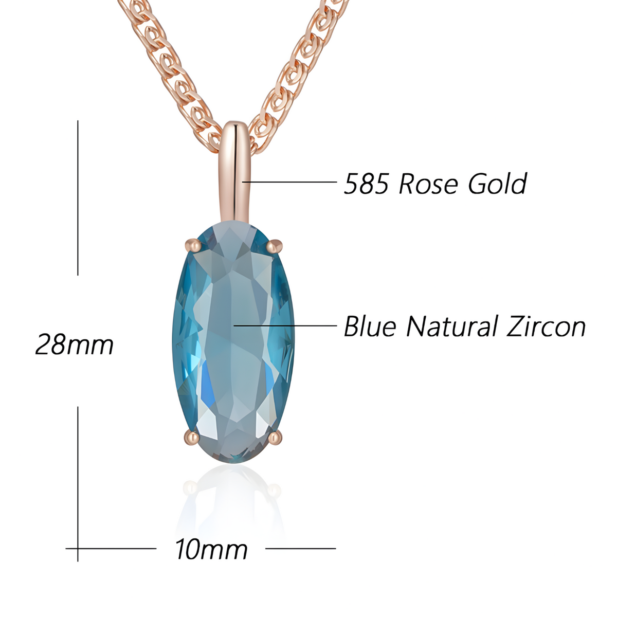 Blue Natural Zircon Pendant Necklace for Women, 585 Rose Gold Color Copper 1266