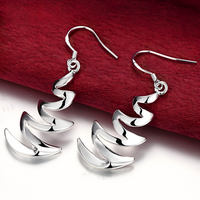 Silver Plated Crescent Wave Drop Earring Women–Elegant Spiral Dangle Design 1206