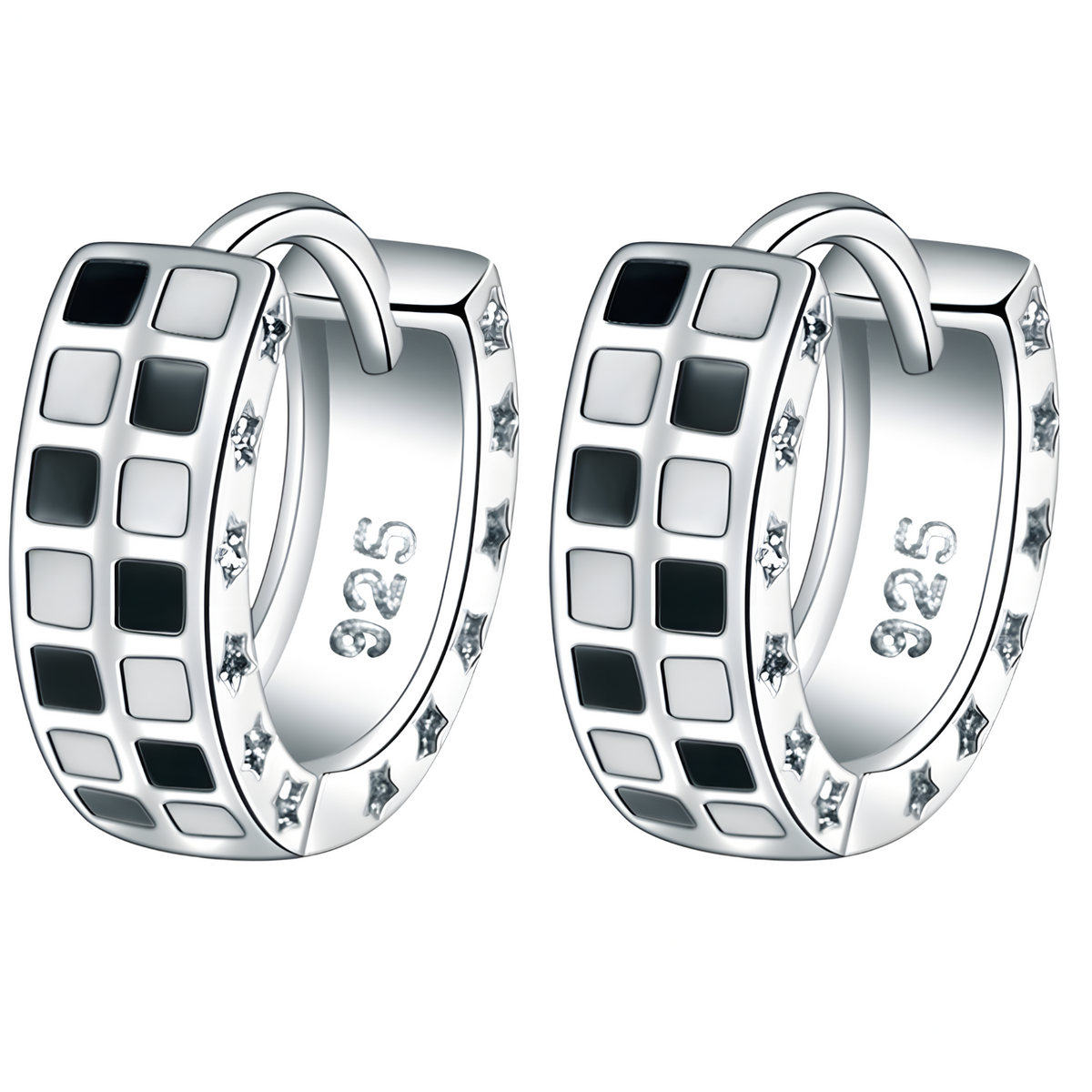 925 Silver-Plated Alloy Hoop Earrings for Women Black and White Enamel Star 1018
