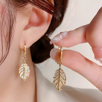 Gold Leaf Drop Hoop Earrings for Women, 925 Sterling Silver Zircon Dangle 301
