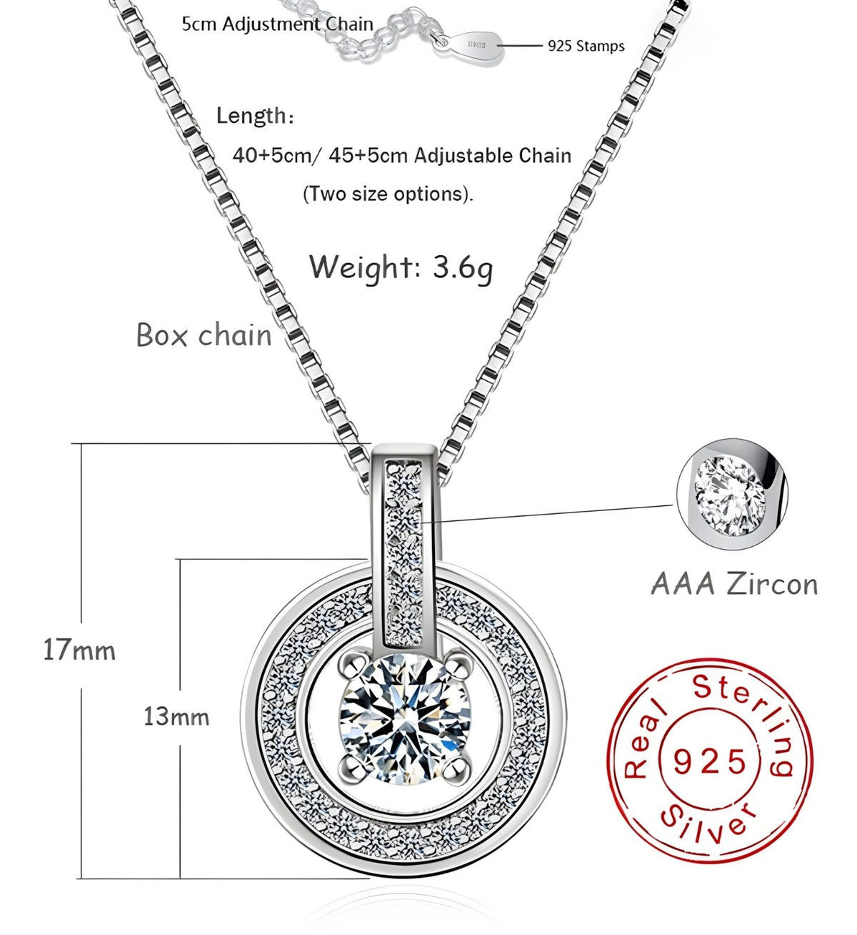 925 Sterling Silver Round AAA Zircon Pendant Necklaces Women Jewelry Dance 262