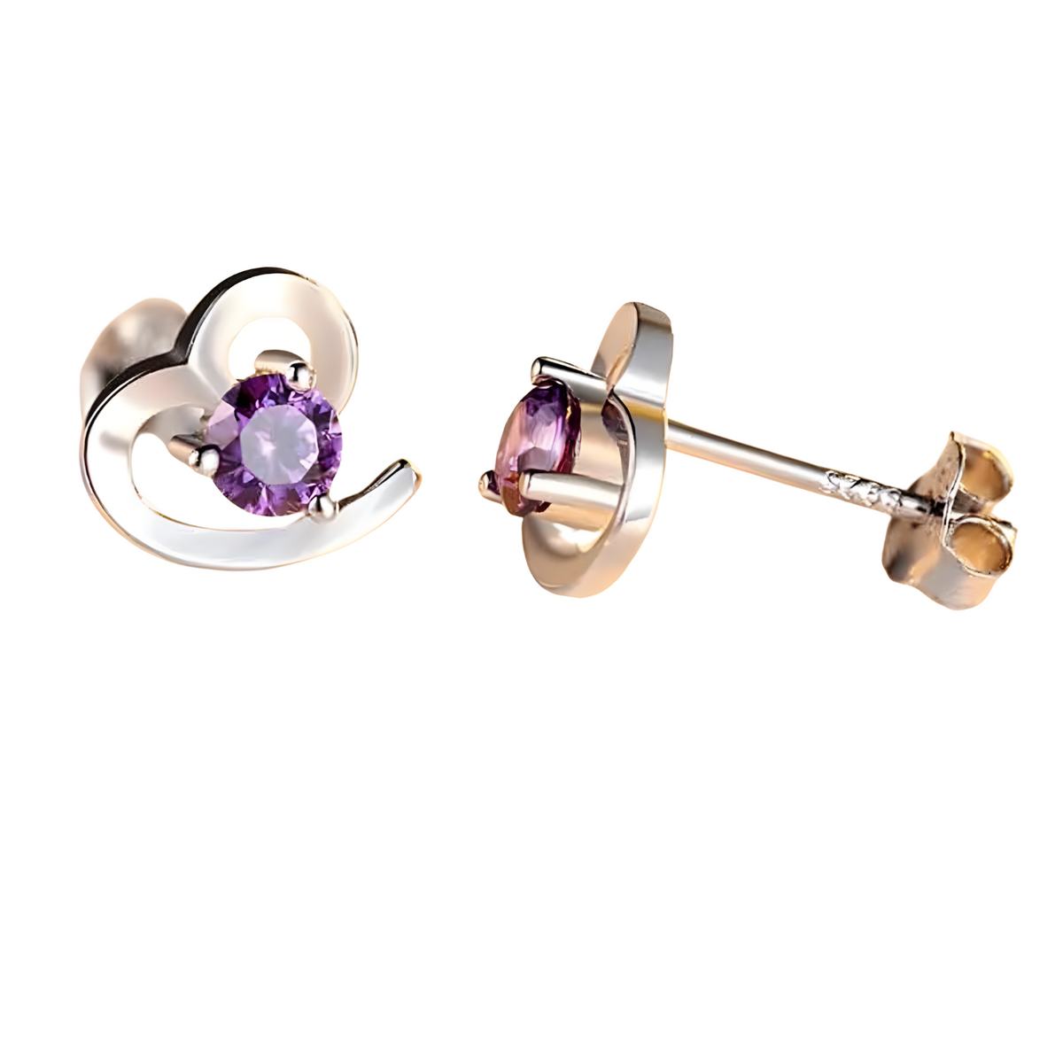 Sterling Silver 925 Amethyst Stone Heart Shaped Stud Earrings Girls Women 481