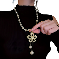 Flower Pearl Pendant Necklace for Women – Elegant Long Link Chain Rhinestone 693