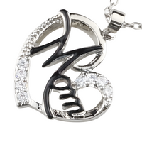 Mom Heart Pendant Necklace Black Plated Link Chain Cubic Zirconia Micro 1362