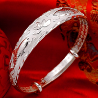 Lotus Fish Pattern Open Bangle Bracelet For Women Adjustable Cuff Wide Text 1771