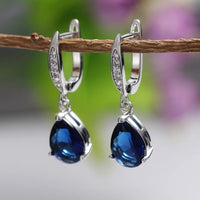 Blue Pear Cut Cubic Zirconia Drop Earrings for Women - Rhodium-Plated Alloy 1450