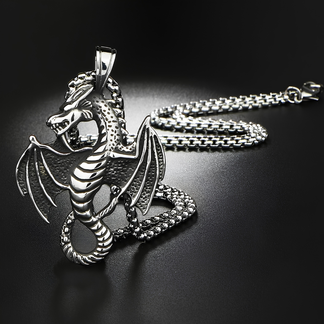 Winged Dragon Pendant Necklace, 60 cm Gothic Fantasy Chain Detailed 54 mm 1887
