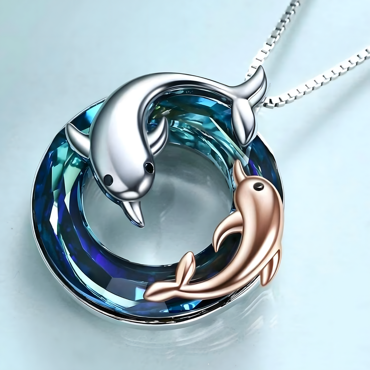 Dolphin Necklace Blue Crystal Pendant Two Tone Ocean Sea Jewellery Gift B60