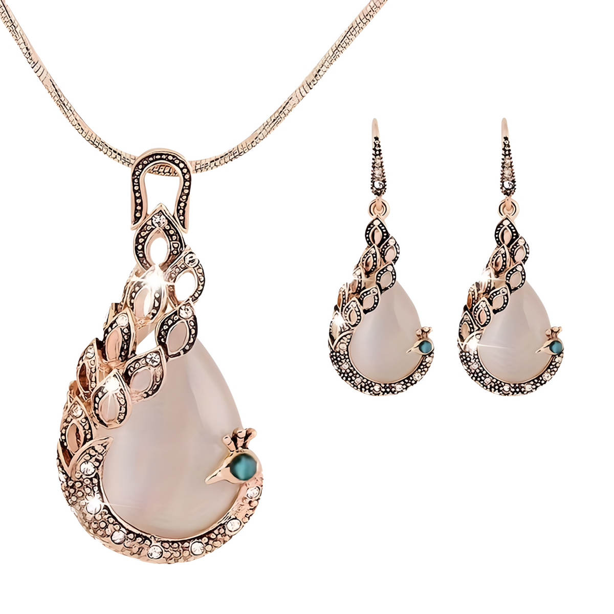 Vintage Cat Eye Stone Peacock Necklace & Earrings Set – Gold-Tone Water Drop 682