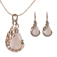 Vintage Cat Eye Stone Peacock Necklace & Earrings Set – Gold-Tone Water Drop 682