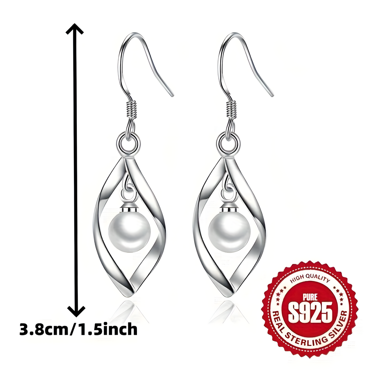 925 Sterling Silver Drop Earrings Trendy Twisted Leaf Shape with Pearl 825
