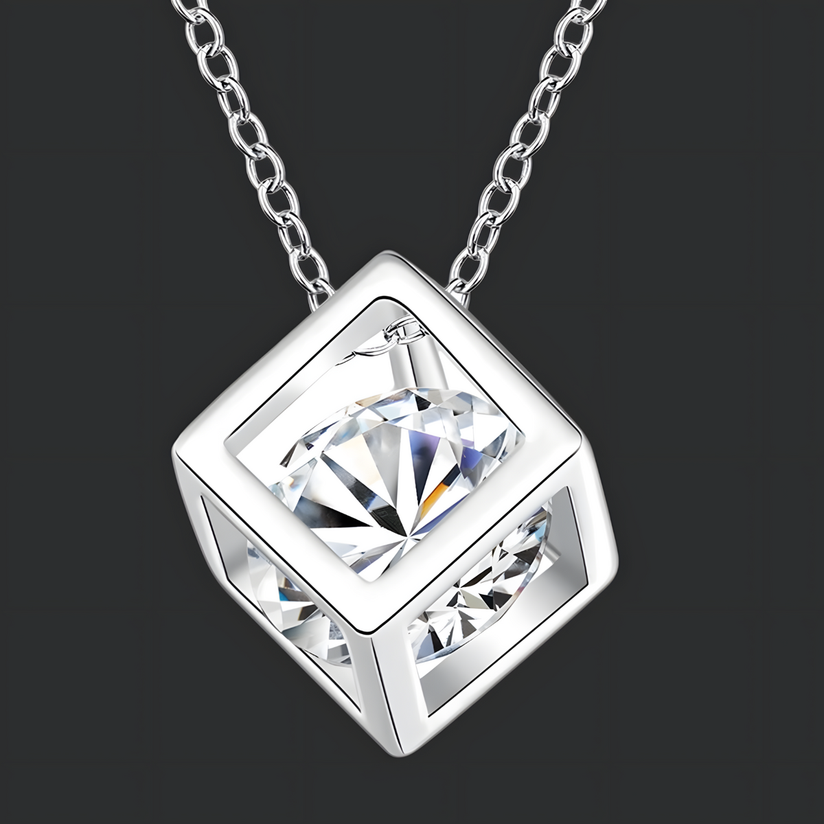 Silver-Plated Geometric Cube Necklace Women – Zircon Crystal Pendant, Link 839