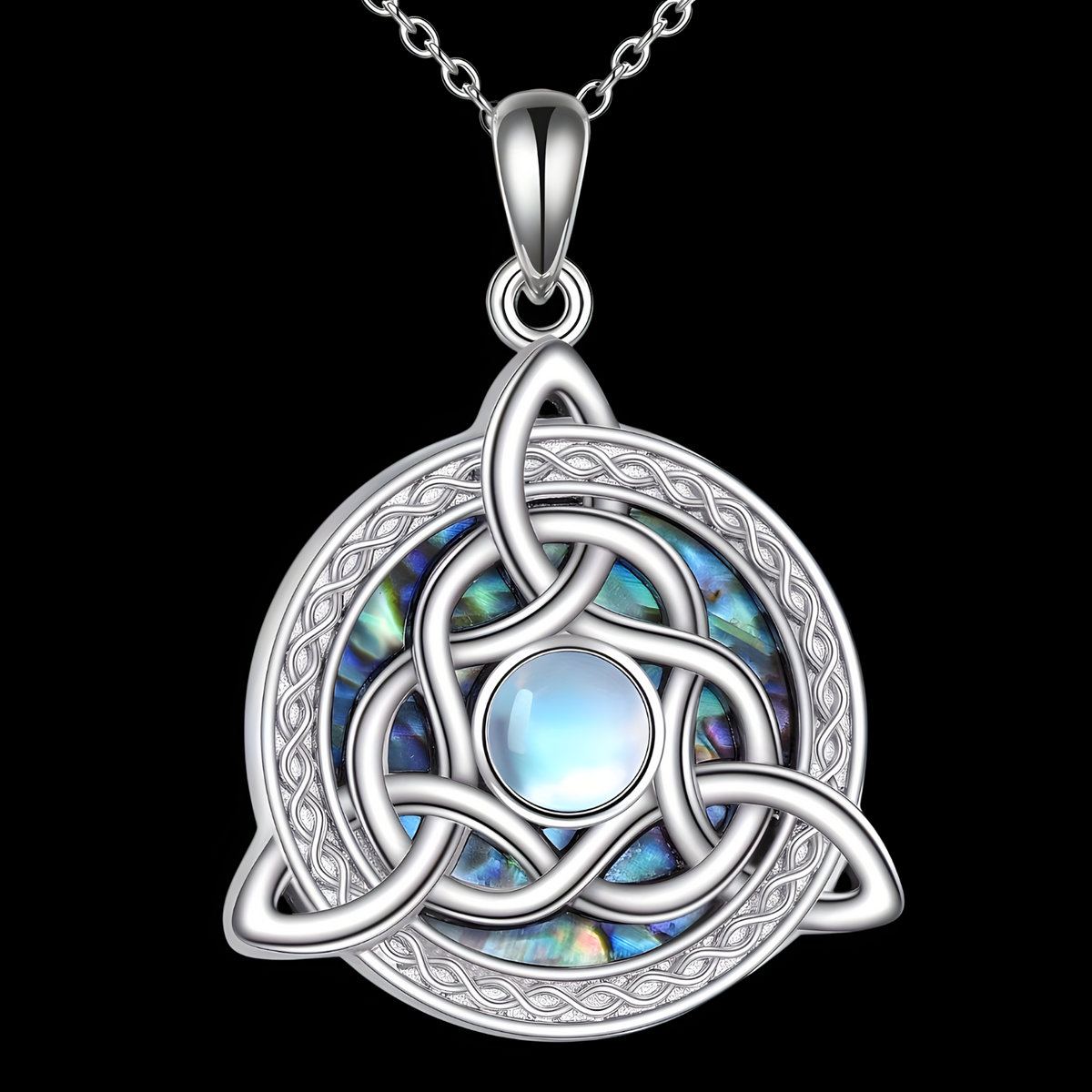 Trinity Knot Moonstone Necklace for Women – Celtic Pendant with Opal Style B136