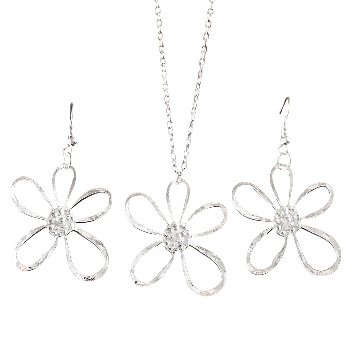Silver Plated Alloy Daisy Flower Necklace Earrings Set Open Petal Flora1 1702
