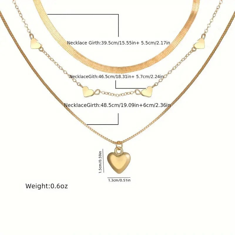 3 Pcs Heart Shape Charm Chain Stackable Three Layers Necklace Adjustable 93