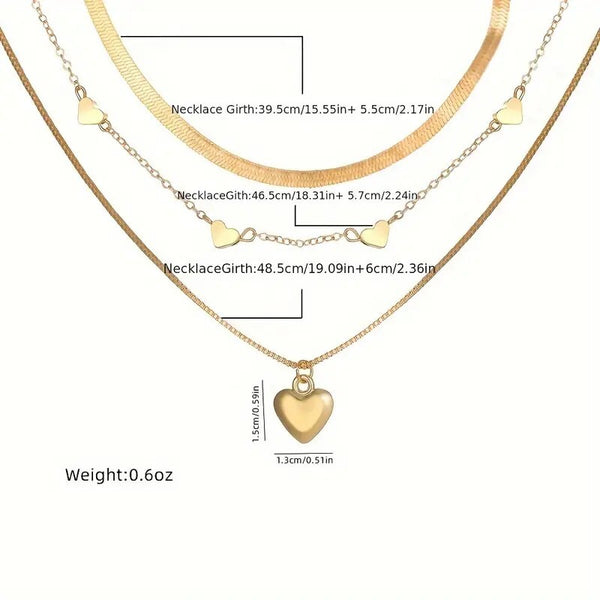3 Pcs Heart Shape Charm Chain Stackable Three Layers Necklace Adjustable 93