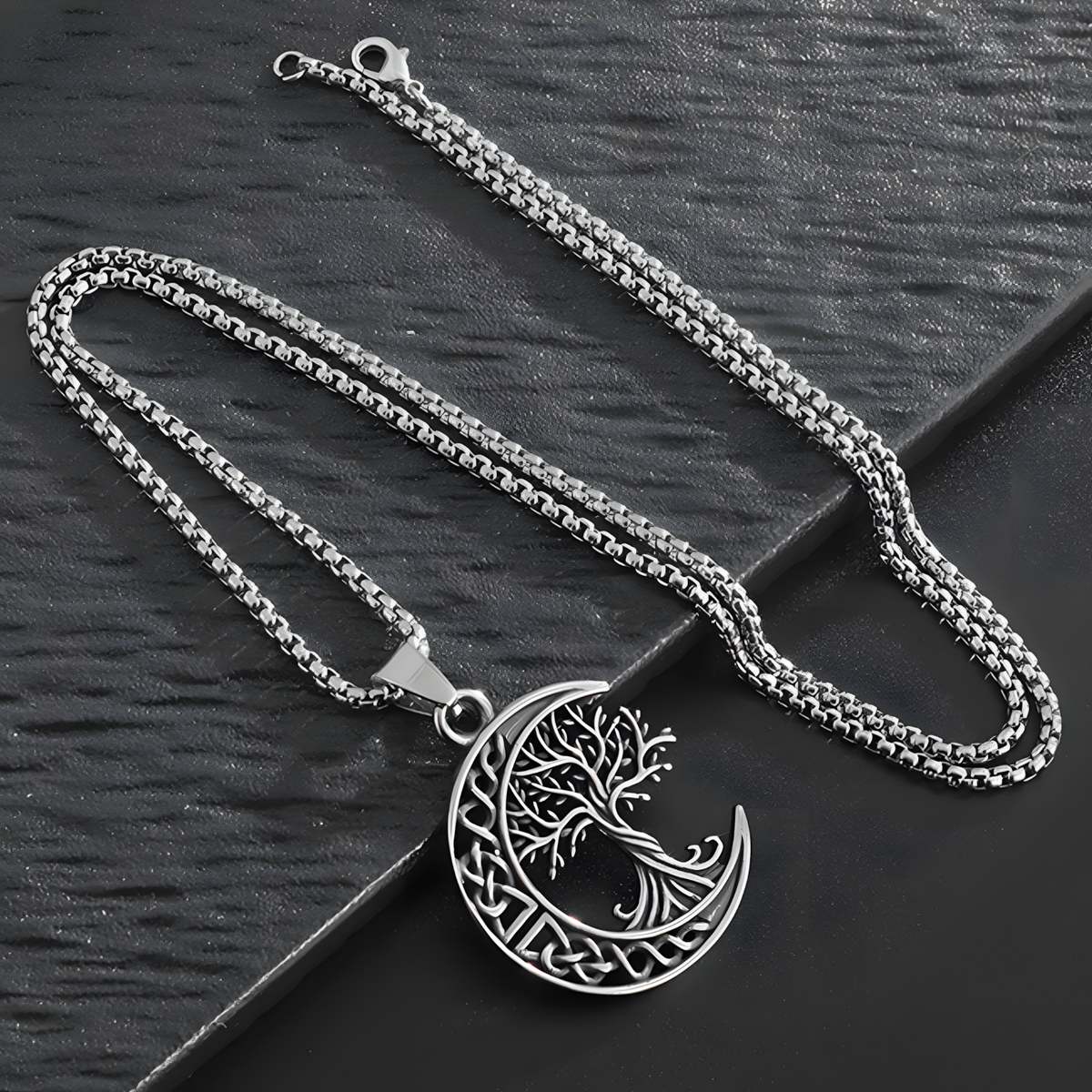 Stainless Steel Tree of Life Moon Pendant Necklace 600mm Chain Jewelry B25