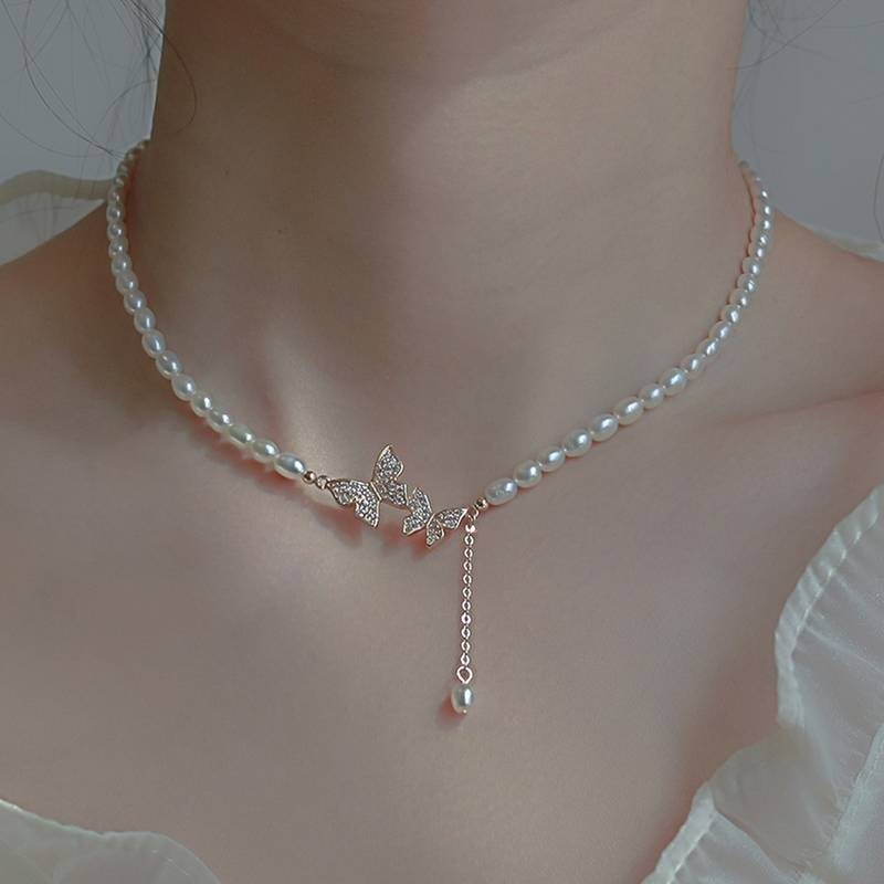 Butterfly Necklace Faux Pearls Beads Elegant Bead Necklace Rhinestones 69 UK