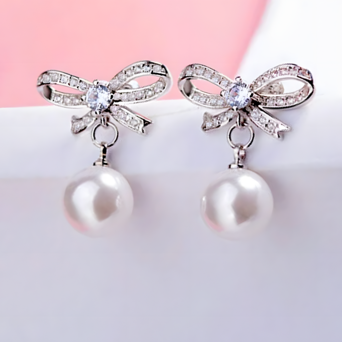 925 Sterling Silver Crystal Bow Pearl Drop Earings Dangle Earrings, Elegant 324