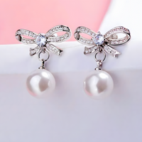 925 Sterling Silver Crystal Bow Pearl Drop Earings Dangle Earrings, Elegant 324