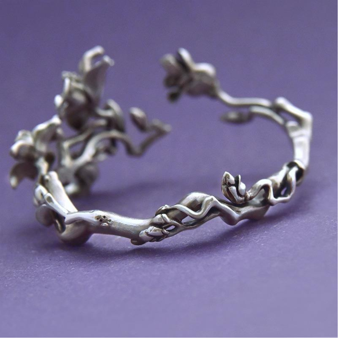Vintage Floral Cuff Bracelet, Silver Tone Magnolia Flower Open Bangle 1799