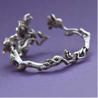 Vintage Floral Cuff Bracelet, Silver Tone Magnolia Flower Open Bangle 1799
