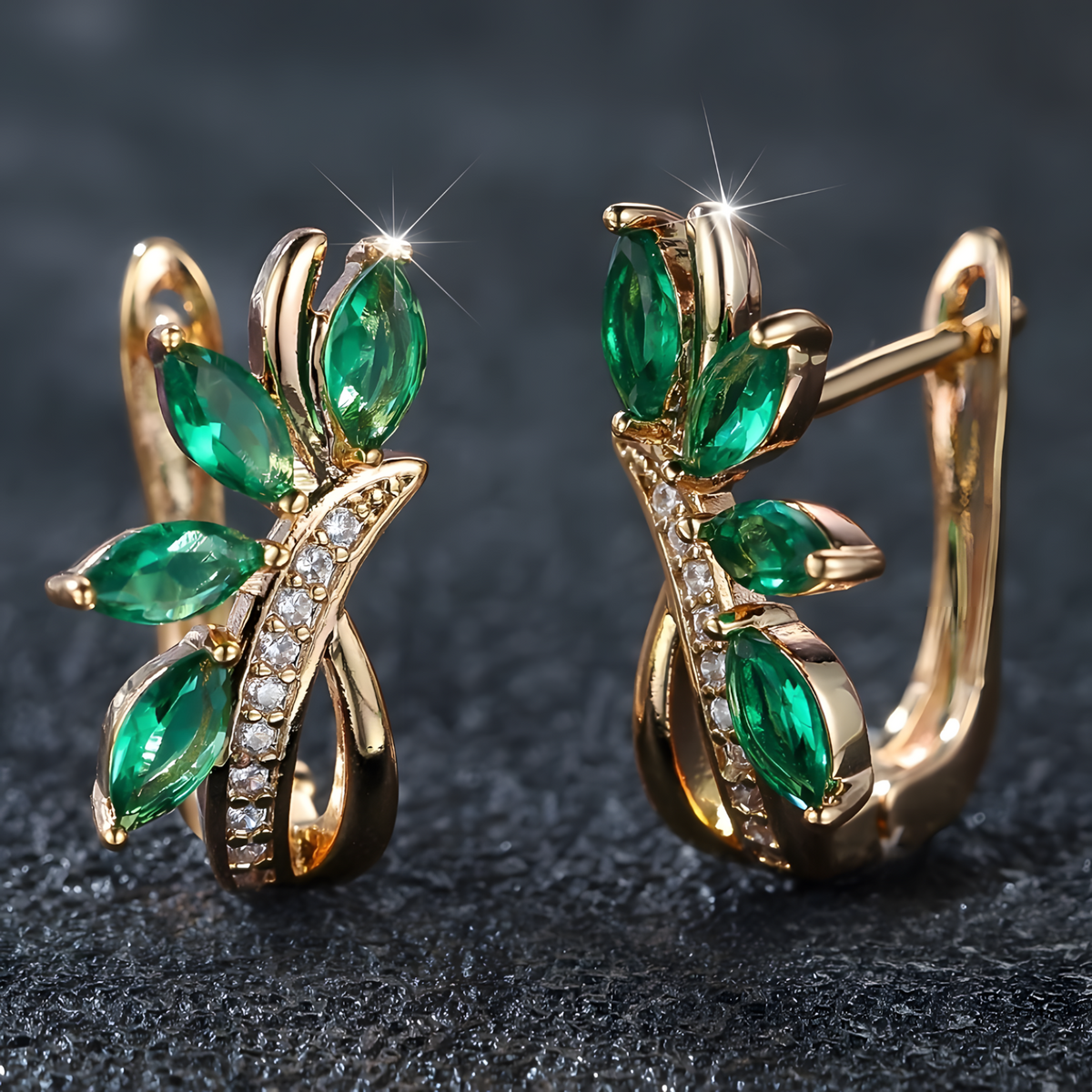 Cute Female Blue Green Stone Clip Earrings Charm Gold Copper White Zircon 593