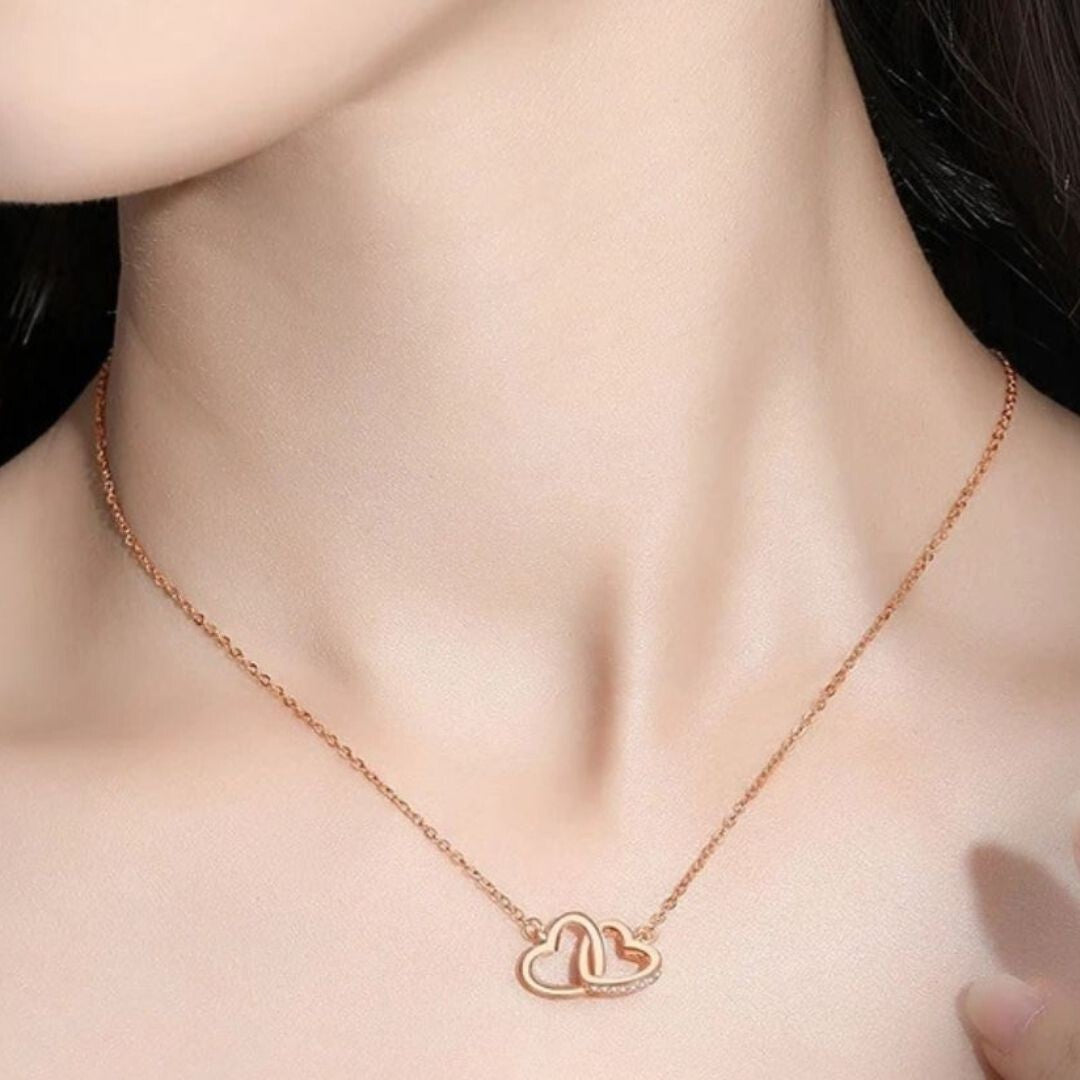925 Sterling Silver Double Heart Necklace – Elegant Rose Gold Pendant AAA 253