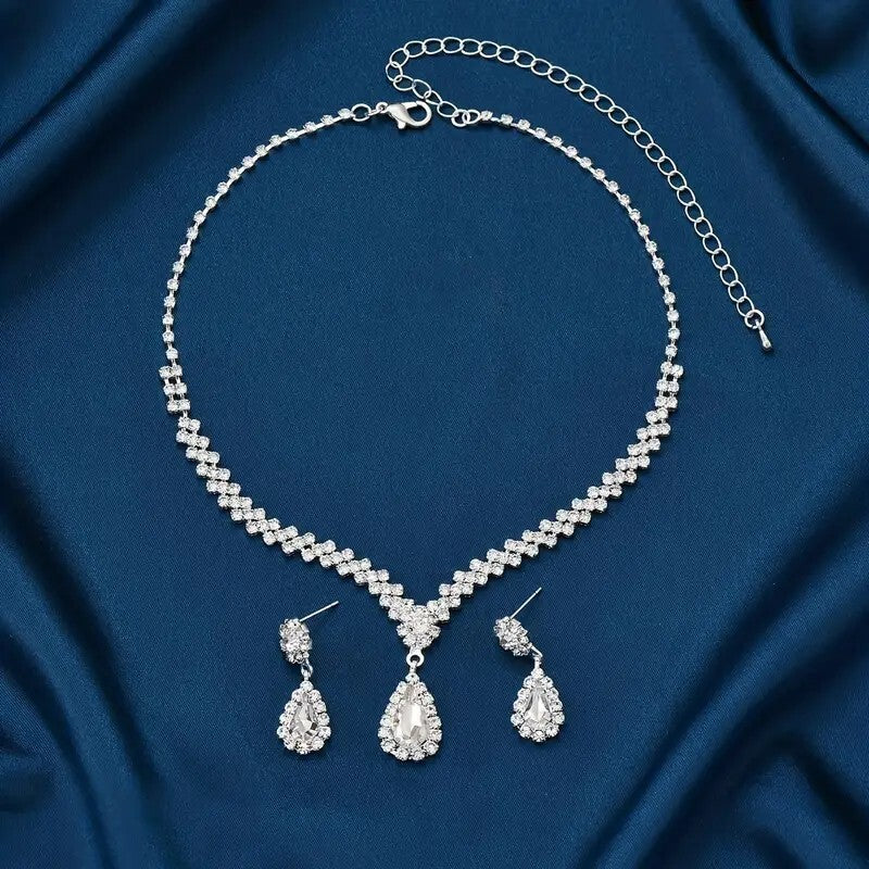 3pcs Earring + Necklace Elegant Jewelry Set Silver Plated Inlaid Waterdrop 96 UK