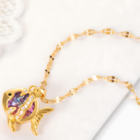 Stainless Steel Gold Colour Fish Pendant Necklace Women – Purple Crystal 1177