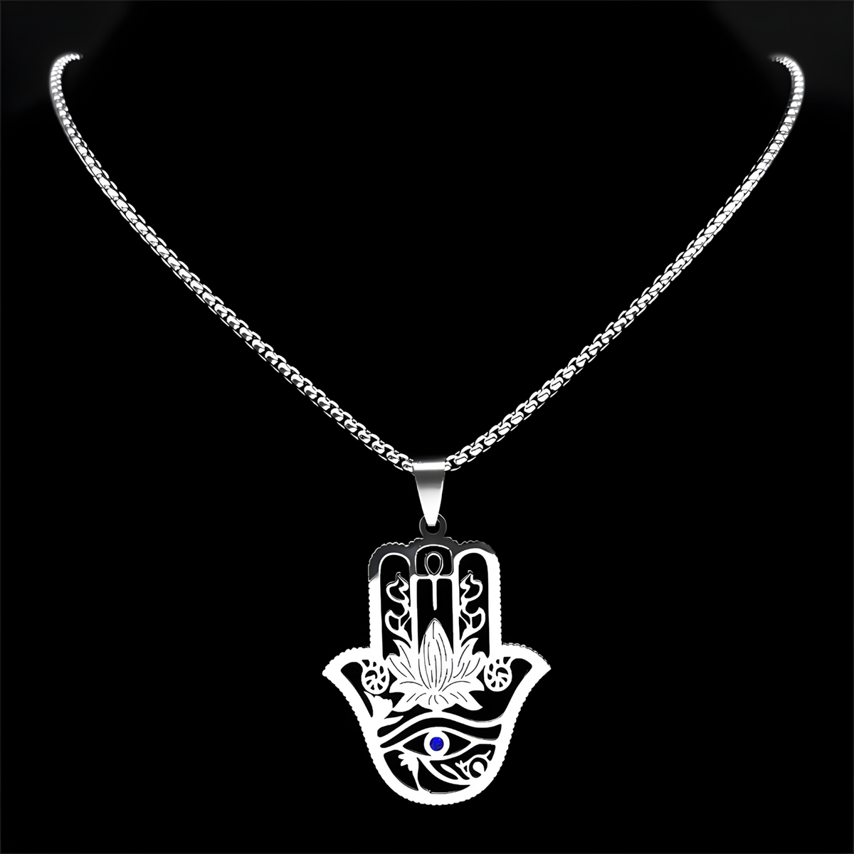Hamsa Hand Lotus Necklace – Stainless Steel Eye Of Horus Pendant, Silver 1089