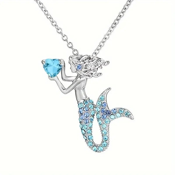 1pc Cute Fashion Cartoon Mermaid With Blue Heart Pendant Necklace 105 UK