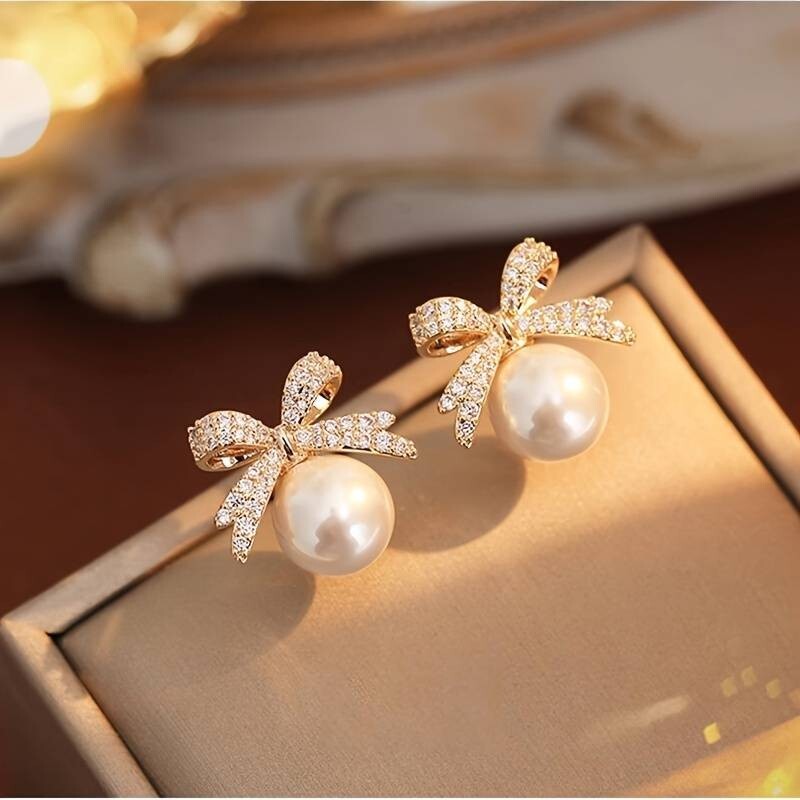 Shiny Rhinestone Inlaid Bow Faux Pearl Decor Dangle Earrings Elegant Style 54 UK