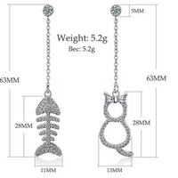 Exquisite Cat & Fishbone Mismatch Drop Earrings Women Sparkling CZ Accents 297