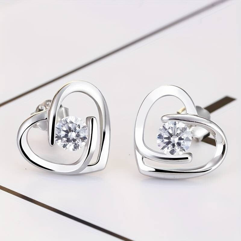 Unique Heart Design Stud Earrings Alloy Jewelry Embellished Zircon Elegant 55 UK
