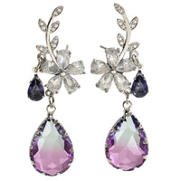 Statement Drop Earrings for Women Silver Plated, Purple & Clear CZ Crystals 294
