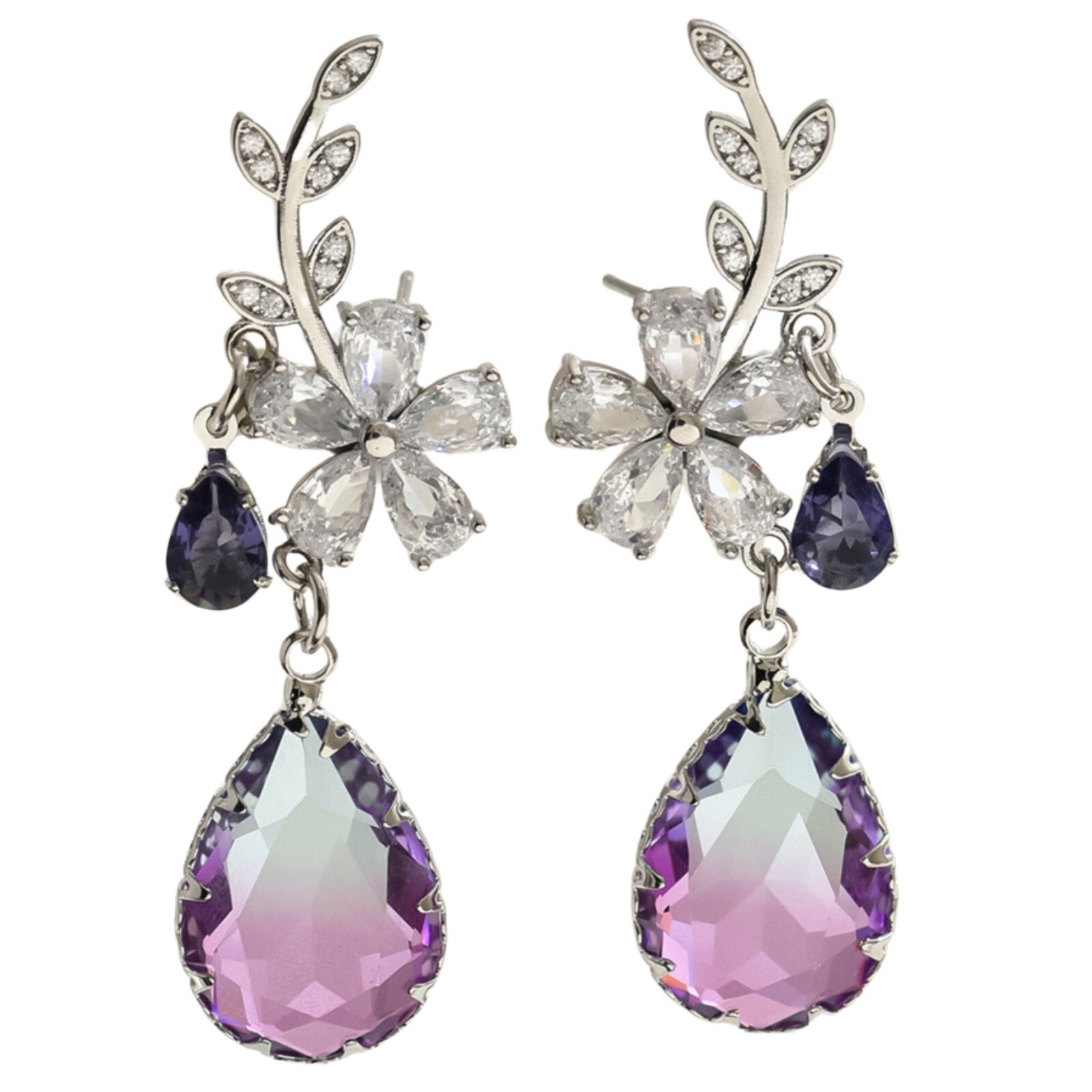 Statement Drop Earrings for Women Silver Plated, Purple & Clear CZ Crystals 294