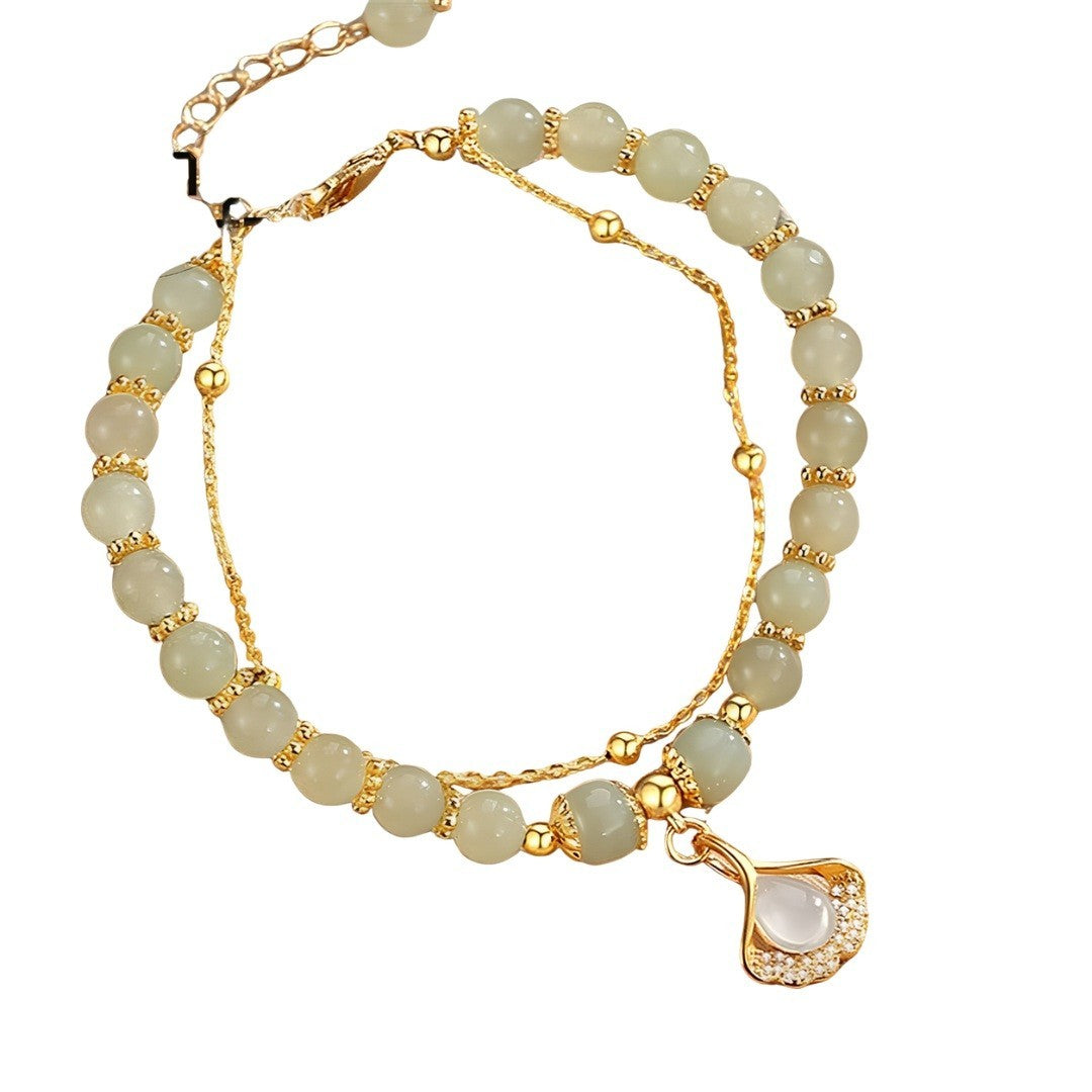 Apricot Green Beaded Bracelet, Gold Colour Double Layer Rope Chain, Leaf 1797