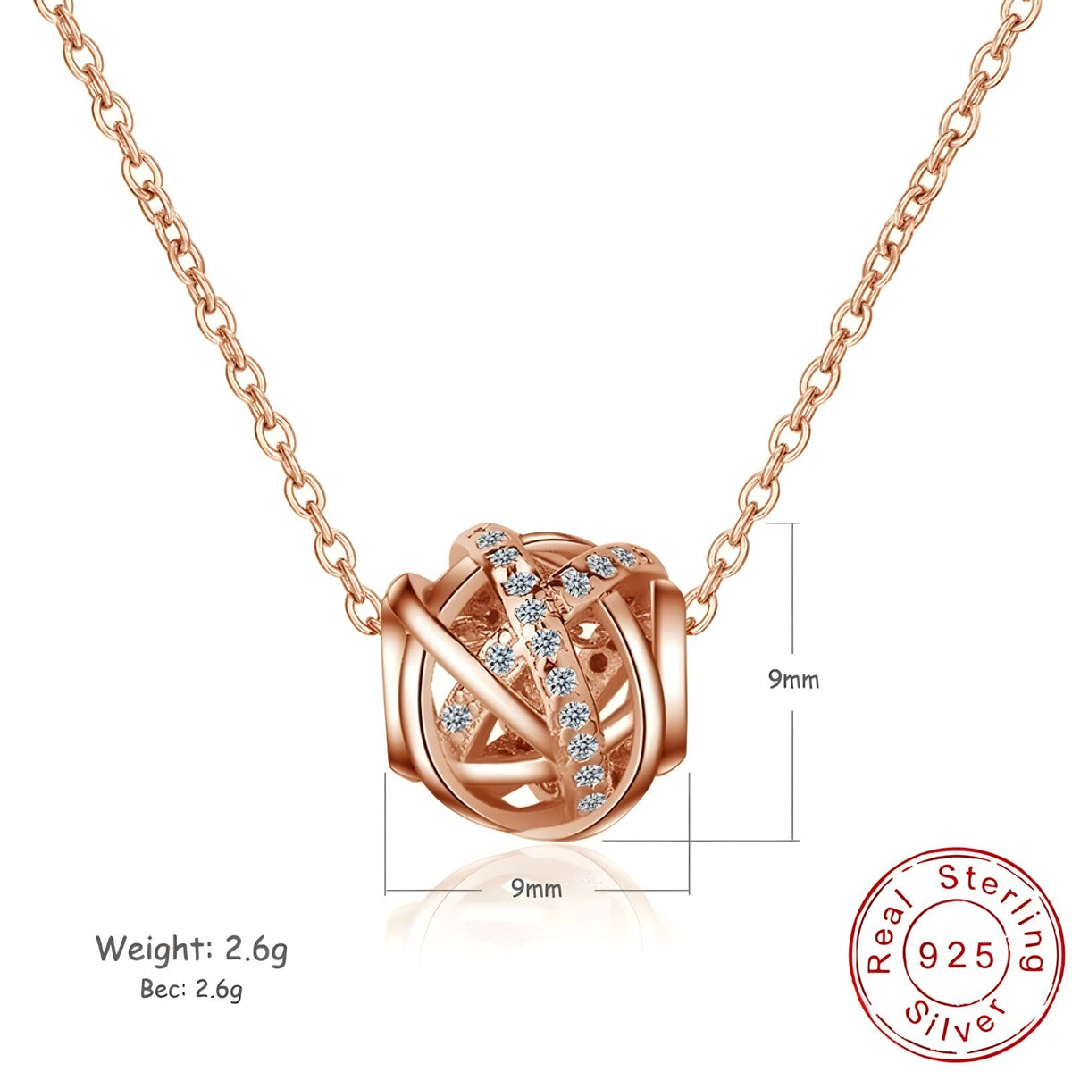 925 Sterling Silver Rose Gold Crisscross Pendant Necklace Elegant Globe 285
