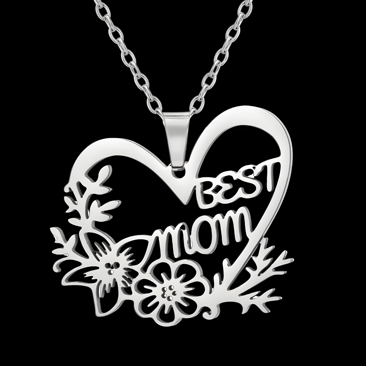 Best Mom Heart Necklace for Women – Stainless Steel Cutout Floral Pendant 1170