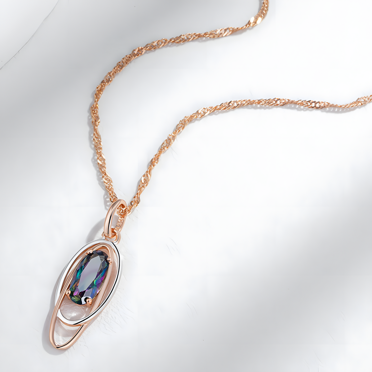585 Rose Gold Color Oval Colorful Natural Zircon Pendant Necklace for Women 1274