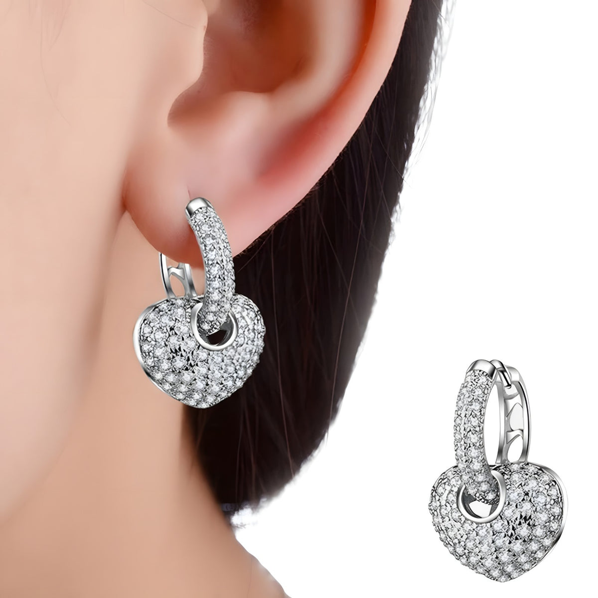 Sparkling Heart Drop Earrings Fine Rhinestone Embellishments - 925 Sterling 331