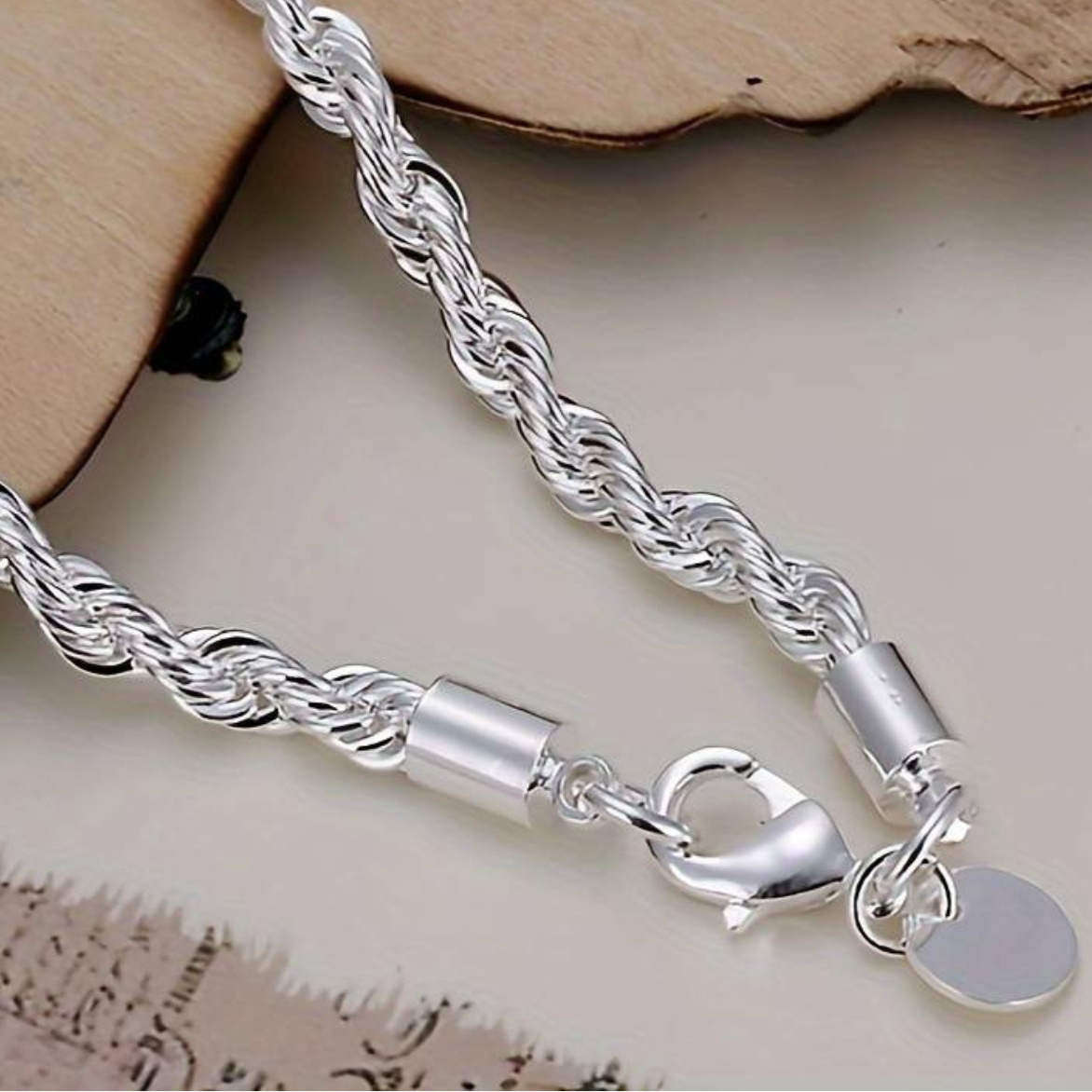 925 Sterling Silver 4MM Rope Chain Bracelet with Heart Charm, 20CM Length 150