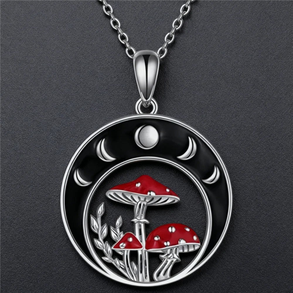 Moon Phase Mushroom Pendant Necklace Silver Plated Gothic Nature Charm B137
