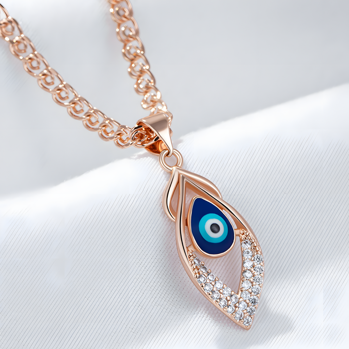585 Rose Gold Evil Eye Pendant Necklace for Women, Blue Enamel Eye Zircon 1289