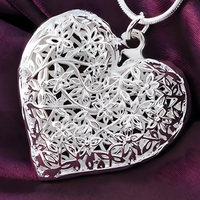 Filigree Heart Pendant Necklace for Women – Silver Plated Alloy Floral Cut 1101