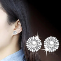 925 Sterling Silver Sunflower Stud Earrings Freshwater Pearl & Cubic Zircon 343
